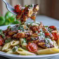 Golden-seared chicken and al dente penne with juicy cherry tomatoes, fresh mozzarella, and basil for a summery Bruschetta Chicken Pasta.