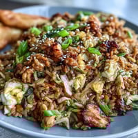 Golden-brown Crispy Chicken Fried Rice with Egg Roll Flavors features ground chicken, shredded carrots, and cabbage piled high in a skillet.