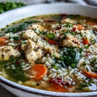 Steaming One-Pot Lemon Chicken Rice Soup with Veggies in a rustic pot, showing tender chicken and bright spinach. 