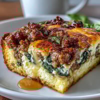 Keto sausage, egg, and spinach breakfast bake with golden cheesy top and savory sausage crumbles.