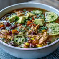 High-Protein Chicken Taco Soup with Veggie Confetti served in a rustic bowl, topped with fresh cilantro, avocado slices, and a lime wedge, surrounded by vibrant diced vegetables and beans.  