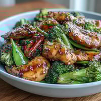 30-Minute Skinny Chicken Stir-Fry with Broccoli and Snap Peas: A vibrant skillet dish of tender chicken, crisp vegetables, and a light savory sauce.  