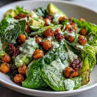 Vibrant Pistachio Green Goddess Salad with crispy chickpeas, creamy avocado, and herb-packed dressing on a bed of fresh greens.  