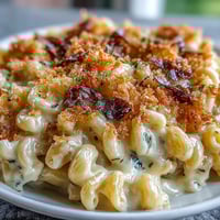 Creamy truffle mac and cheese with golden panko topping, served hot from the oven with aromatic shaved black truffle.