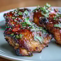 Golden chili jam glazed chicken thighs with sticky-sweet heat, garnished with sliced chili and sesame seeds for a vibrant weeknight dinner.