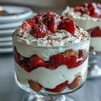 Elegant strawberry tiramisu cups with layers of mascarpone cream, coffee-soaked ladyfingers, and fresh strawberries for a romantic dessert.