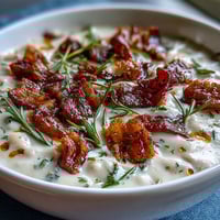 Creamy White Bean Soup with Bacon and Rosemary in a rustic bowl, topped with crispy bacon and fresh parsley, perfect for cozy dinners.  