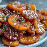 Candied orange segments glisten in golden syrup, perfect for topping desserts like cakes and ice cream.  
