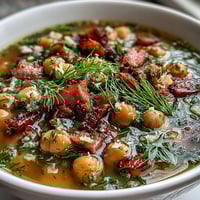 A steaming bowl of ham and chickpea soup with lemon and dill, garnished with fresh herbs and served with crusty bread.  