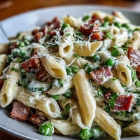 Creamy leek, pea, and ham pasta with tender noodles in a rich Parmesan sauce, garnished with fresh herbs.  