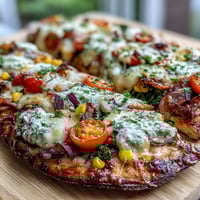 Festive St. Patricks Day rainbow veggie flatbread pizza with colorful fresh vegetables arranged in vibrant stripes on a golden crisp crust.