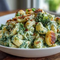 A vibrant bowl of green mac and cheese with spinach and broccoli, creamy and cheesy, perfect for a comforting vegetarian dinner.