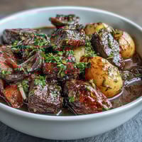 A hearty, comforting vegan Irish stew brimming with tender root vegetables and savory mushroom meat in a rich vegetable broth.