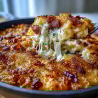 Funeral Potatoes and Ham Breakfast Skillet with golden hash browns and melted cheddar in a creamy sauce.