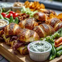 Vibrant BBQ baby shower snack board with sliders, chips, and fresh veggies arranged for easy sharing.