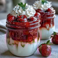Fresh strawberry shortcake mason jar parfaits with fluffy shortcake cubes, juicy berries, and whipped cream.