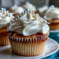 Mini First Communion Cupcakes with Rosary Fondant Toppers, delicate vanilla treats frosted with smooth buttercream and topped with edible fondant rosary designs.