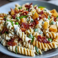 A colorful Hawaiian pasta salad with ham, pineapple, and ranch dressing in a white bowl, perfect for summer gatherings.
