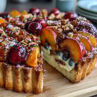 Rustic summer stone fruit galette with frangipane filling, golden crust encasing juicy peaches and plums, perfect for warm-weather gatherings.