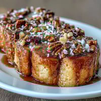 Warm Mexican capirotada with toasted bread, piloncillo syrup, raisins, and melted cheese, baked until golden and bubbling.