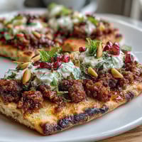 A golden Spiced Lamb Flatbread Pizza topped with creamy yogurt, pomegranate seeds, and fresh mint for a vibrant Middle Eastern feast.  
