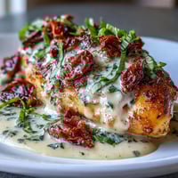 Creamy Marry Me Chicken with sun-dried tomatoes and garlic in a rich Parmesan sauce, served hot and garnished with fresh basil.