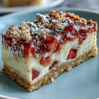 Buttery shortbread crust layered with tangy rhubarb custard, these bars are a delightful springtime dessert.