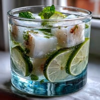 Delicate lychee agar jelly cubes served in sparkling yuzu water for a refreshing Asian-inspired dessert.