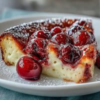 Fresh Cherry Clafoutis: tender cherries baked in golden, eggy vanilla bean custard.